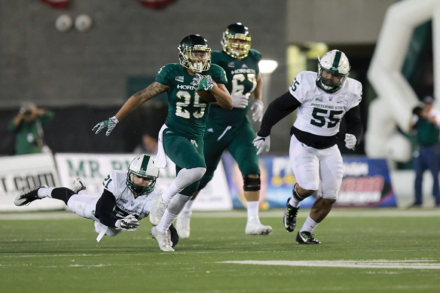 Sacramento State senior runningback Jordan Robinson breaks Ryan Woods tackle of Portland State at Hornet Stadium on Saturday, Nov. 12, 2016. Robinson had 144 yards and a touchdown in the Hornets victory over North Dakota in 2013.