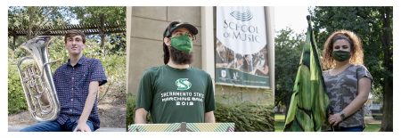 From left to right, Sac State marching band members Russell Bradley, Veloy Tofoya and Gabrielle Mirsky pose for photos at Sacramento State on Oct.9, 2020. Due to this semester being mostly virtual, marching band students have had to come up with their own practice routine. (Photo illustration)