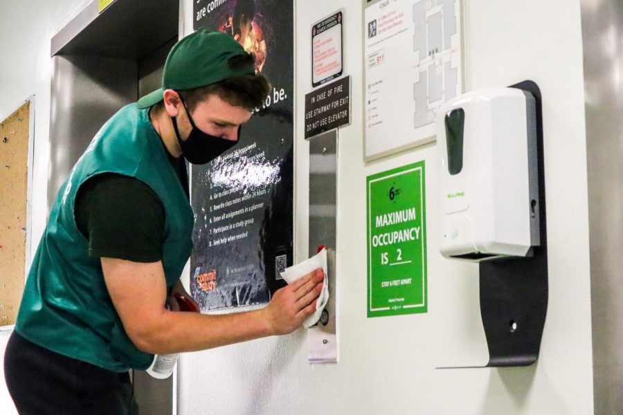 Student safety ambassador, Ryan Dolan, walks through his daily routine of disinfecting surfaces on Sept. 22, 2020. Dolan said excitement is far and few in-between, but when he is needed, he will ensure surfaces are sterilized.