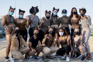 The women sprinters pose for a photo at the Sac State track and field Halloween costume contest at the Hornet Stadium Friday, Oct. 30, 2020. They won first place out of five teams in the costume contest.