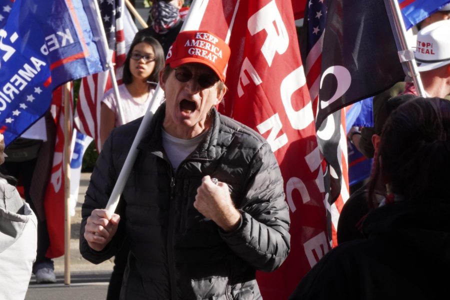 A Trump supporter clashes with other members of his group where were all protesting the election results in Sacramento, California, Saturday Nov. 21, 2020. The argument was over the police action taken against the marchers at Cesar Chavez Plaza. 