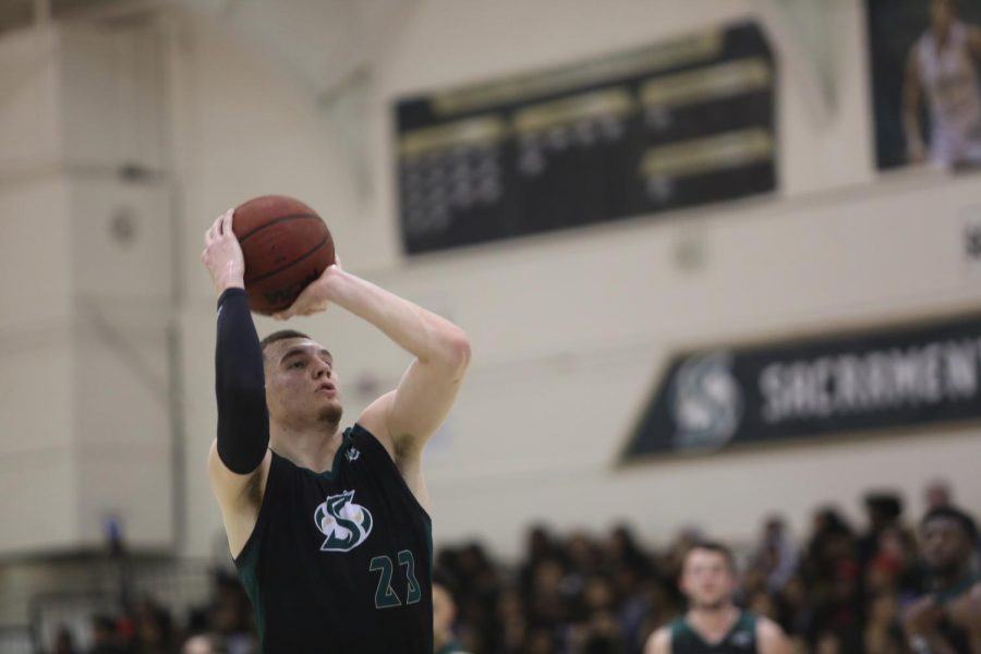 Sac State junior guard Bryce Fowler shoots a free throw against Southern Utah at the Nest on Thursday, Feb. 13, 2020. Fowler says that the testing is out of him and his teammates control, however it is something that theyll have to get used to. 
