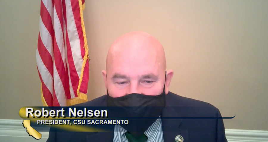 Sacramento+State+President+Robert+Nelsen+gives+his+testimony+about+COVID-19s+impacts+on+the+university+to+the+California+State+Assembly+Higher+Education+and+Budget+Committees.+Nelsen+discussed+Sac+States+graduation+and+enrollment+rates+as+well+as+the+digital+divide+affecting+students+during+this+virtual+semester.+Screenshot+taken+via+Zoom+by+Piper+Haitsuka.