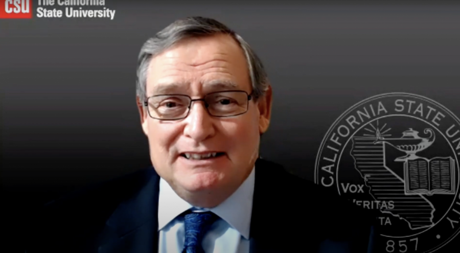 California+State+University+Chancellor+Timothy+White+speaks+to+the+CSU+Board+of+Trustees+for+the+final+time+before+retiring+in+December+Wednesday%2C+Nov.+18%2C+2020.+White+has+been+chancellor+of+the+CSU+since+2012.+Screenshot+via+YouTube+by+Camryn+Dadey.