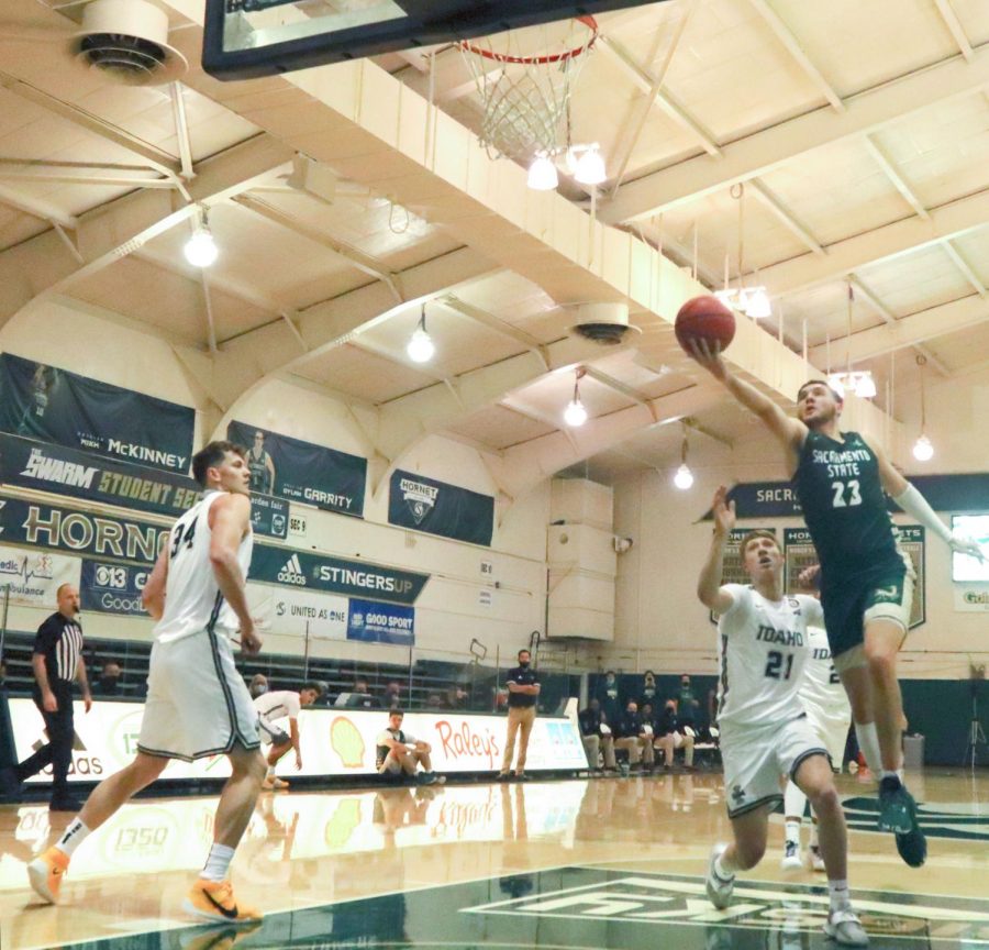 Sacramento States senior forward Bryce Fowler (23) makes a right handed finger roll layup during the second half in the game against the University of Idaho at The Nest at Sac State Saturday, Dec. 5, 2020. Fowler had 17 points in the game. Sac State won 73-57.