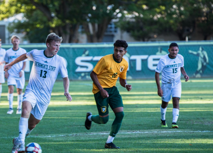 Sac State senior midfielder Matt Carnefix dribbles upfield against San Francisco on Thursday, Sept. 19, 2019 at Hornet Field. Thursday, Dec. 10, 2020, the Big West Board of Directors unanimously decided to all fall sports set to continue in the spring due to concerns over COVID-19 and the difficulty and resources it would take to keep student athletes safe.