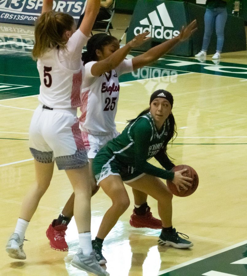 Junior guard Jazmin Carrasco (#4) defends the ball near the sideline during Sac State’s game against Eastern Washington Saturday, Jan. 30, 2021 at the Nest. The Eagles lead The Hornets 39-24 at halftime.