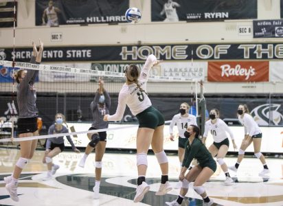 Sacramento State freshman outside hitter Bridgette Smith (8) spikes the ball to score in the first set of the conference match against Idaho State at the Nest at Sac State on Sunday, Jan. 31, 2021. Smith had a double-double with 13 assists and 10 digs. Sac State won 3-0.