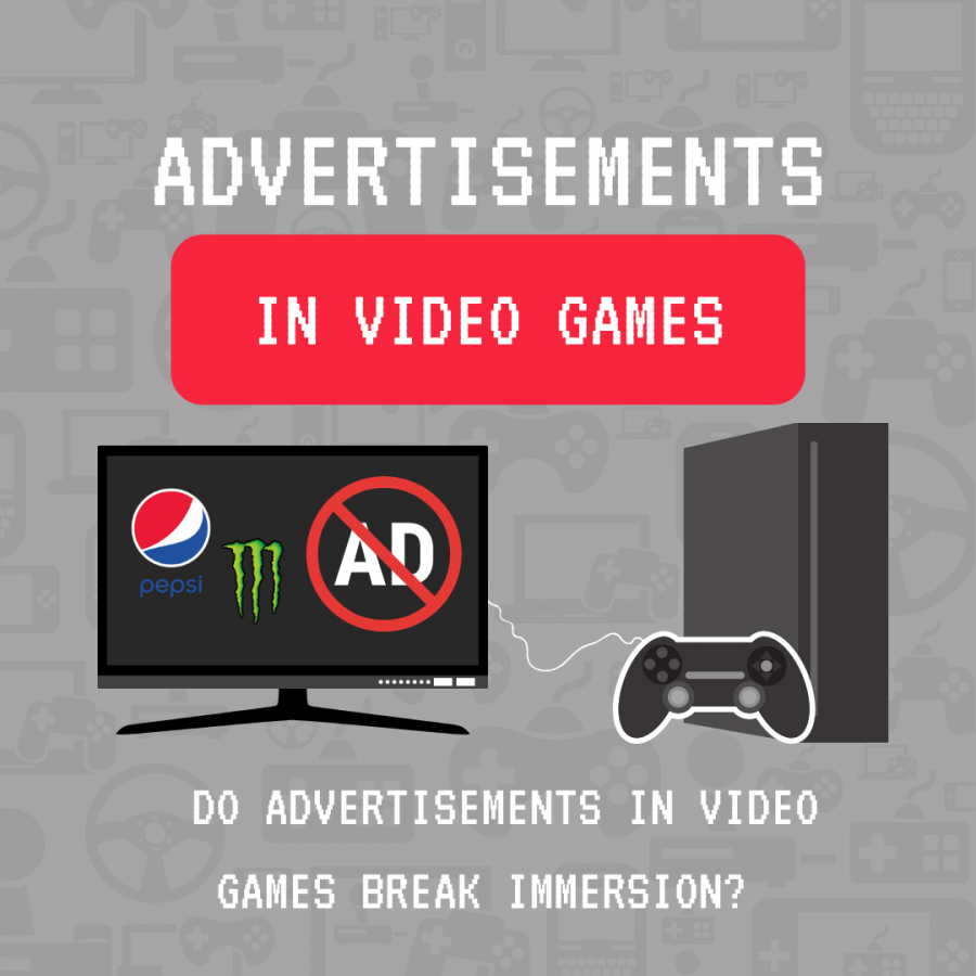 Companies+like+Pepsi+or+Monster+have+always+found+novel+ways+to+advertise+in+video+games%2C+but+do+these+advertisements+break+player+immersion%3F+Opinion+writer+Shelby+Tolly+talked+to+Sac+State+students+to+get+their+views+on+product+placement+in+video+games.+Graphic+by+Hannah+Quijas.