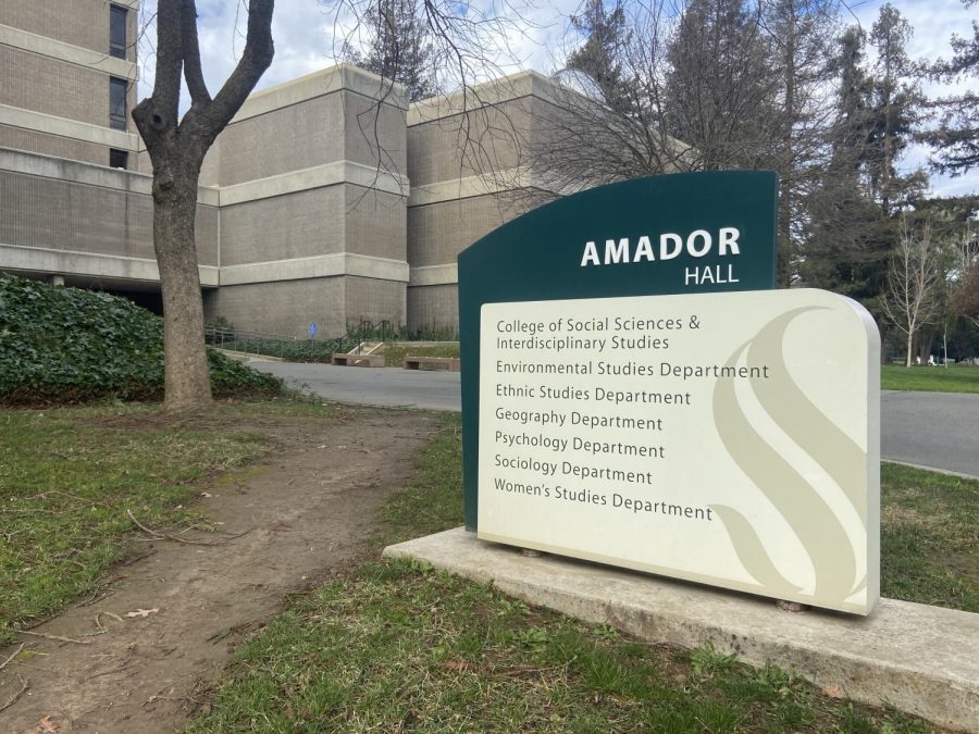 Amador+Hall%E2%80%99s+sign+contains+labels+for+departments+found+in+the+hall+on+Monday%2C+Feb.+1%2C+2021.+A+roof+leak+in+Amador+Hall+caused+a+geography+lab+in+room+AMD313+to+become+unavailable+to+students+Monday.