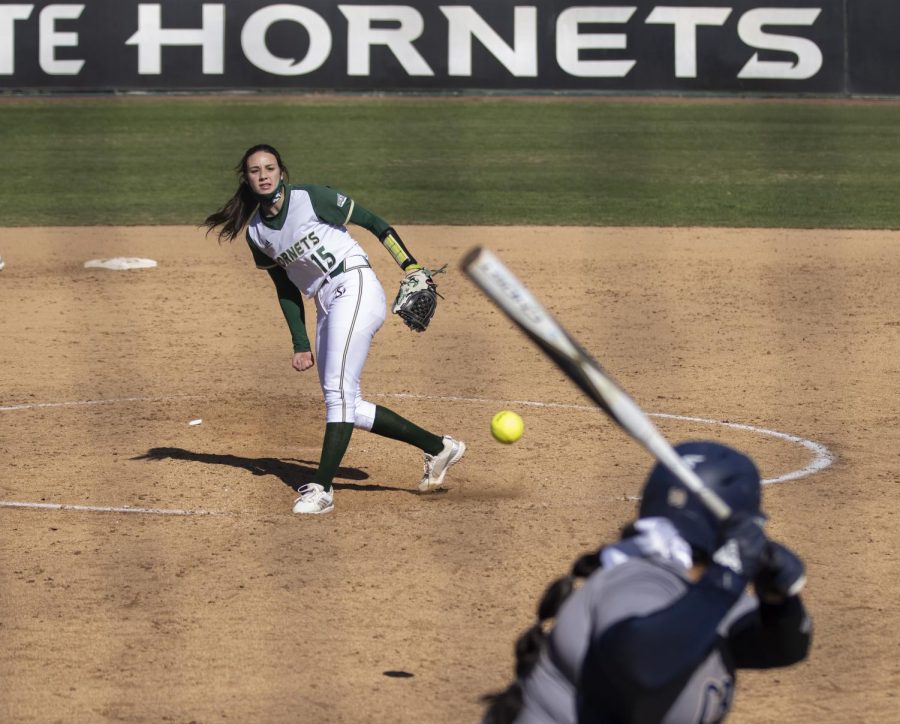 Sacramento State sophomore pitcher Marissa Bertuccio (15) pitches in the top of the fifth inning during the NorCal Kickoff in game one of the doubleheader against California Baptist University at Shea Stadium at Sac State, Friday, Feb. 12, 2021. Bertuccio pitched all seven innings and had five strikeouts. 