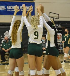 Karlee Soderberg (center), hitter for Sac State Volleyball, breaks with her team for the opening home game against Idaho State at the Nest at Sac State Saturday, Jan. 30, 2021. The Hornets lost in back-to-back matches against the University of Northern Colorado in six straight sets on Feb. 7 and 8 at Bank of Colorado arena.

