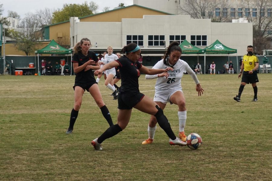 Senior forward/midfielder Ariana Nino goes toe-to-toe with opponents in Sac State’s home game against Eastern Washington on Friday, March 19, 2021. After their game on March 21, the Hornets and the Eagles will have faced off in four consecutive matches in the Big Sky Conference dating back to the conference tournament in 2019. 
