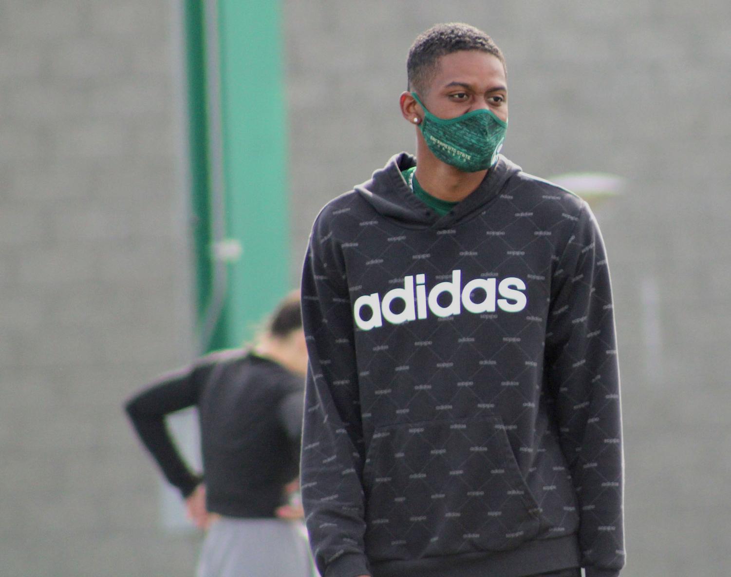 Sacramento State’s Jabari Reynolds II walks back to drill following 10x10 100-meter warm-up on the track at Sac State on Thursday, Feb. 18, 2021. Jabari has the fifth fastest 200-meter time in Sac State history at 21.81 seconds in 2020. 