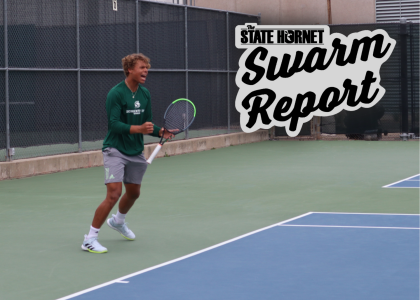 Sac State freshman Jan Silva celebrates after a great serve against Fresno State on Sunday, March 14, 2021. Silva lost his singles match and the Hornets lost to the Bulldogs dropping to 2-7 on the season.