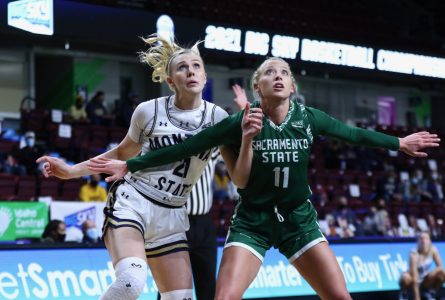Sac State junior guard Summer Menke and Montana State freshman forward Lexi Deden fight to box each other out for a rebound during their second round game of the Big Sky Conference Tournament on Tuesday, March 9, 2021. The Hornets committed 21 turnovers in the season ending loss. (Photo courtesy of Big Sky Conference)