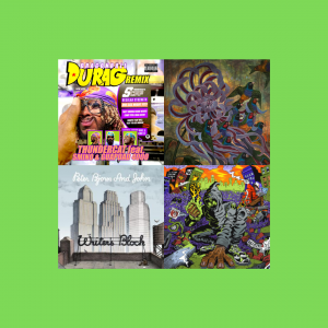A mashup of albums that highlight the different themes of the playlist that were significant to Khalil Bourgoub. The albums from left to right are “Dragonball Durag Remix” by Thundercat, “Technicolor” by Covet, “Writer’s Block” by Peter Bjorn and John and “UNLOCKED” by Denzel Curry and Kenny Beats.