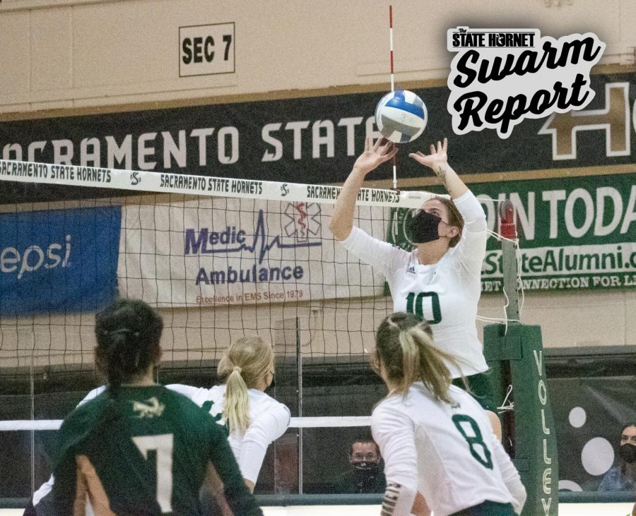 Setter Ashtin Olin sets the ball for teammates Bridgette Smith or Sarah Falk to spike during the third set of Sacramento State’s last game at home against Portland State University at the Nest Sunday, March 13, 2021. The Hornets lost the match against Portland State with a final score of 3-1. 
