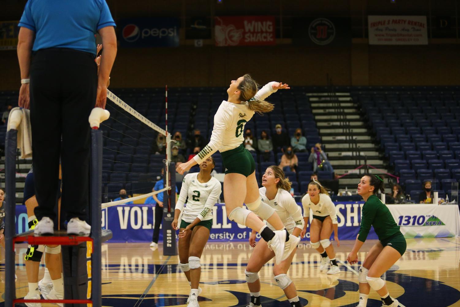 Freshman outside hitter Bridgette Smith attempts a kill at the Bank of Colorado Arena on Wednesday, March 31, 2021 in the Hornets' first round matchup against Northern Arizona. Sac State lost the match 3-0 as their season came to an end.