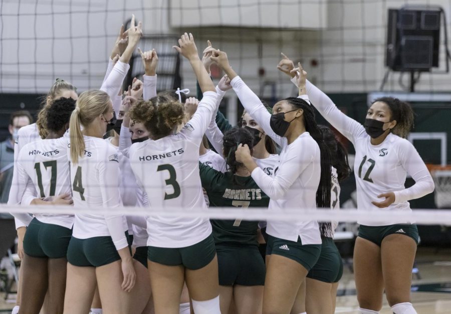 Sacramento State celebrates after winning the match against Portland State in the Nest at Sac State on Friday, March 12, 2021. Sac State won 3-1.