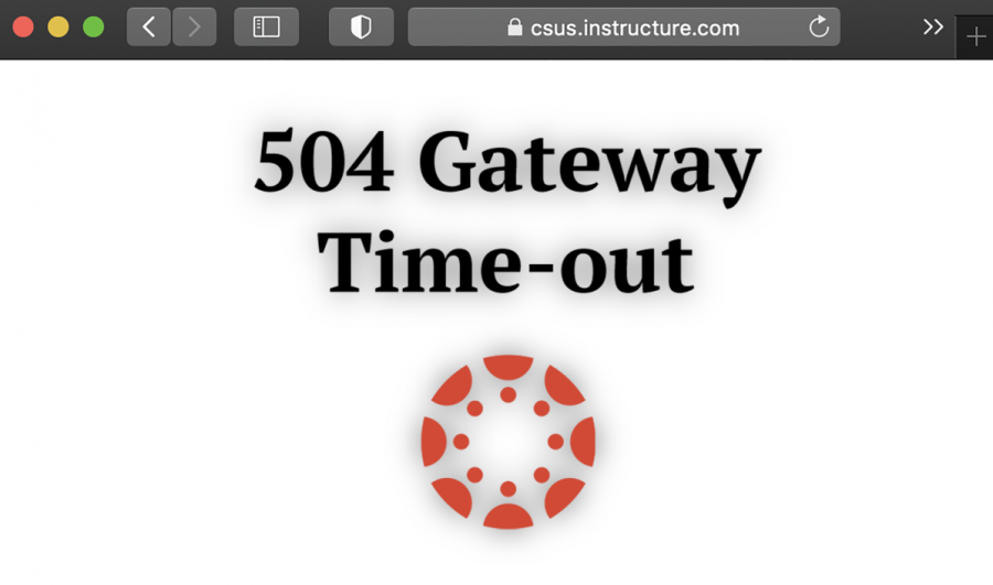 A photo illustration depicts a 504 gateway error message that displayed for students and faculty trying to access Canvas, Sac State’s cloud based instruction and content management system on Wednesday, March 3, 2021. Canvas crashed when too many people were trying to access the website at once according to Mark Hendricks, interim vice president & chief information officer for Sac State Information Resources & Technology.  Graphic created in Canva.