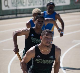 Devonn Johnson and teammate keep the lead on San Jose State at Sacramento States Hornet Invitational at Hornet Stadium on Saturday March 20, 2021. Sacramento State’s relay team placed second against San Jose.