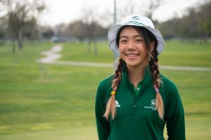 Freshman golfer Jennifer Koga poses for a photo at Haggin Oaks Golf Complex on Wednesday, March 17, 2021. Koga tied for fifth at the Gunrock Invitational after scoring a 68.
