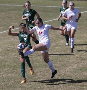 Sacramento State senior Tiffany Miras (10) battles with Eastern Washington’s Brittany Delridge (22) for possession of the ball during the second half of the conference game against Eastern Washington University at Hornet Soccer Field at Sac State on Sunday, March 20, 2021. Miras had one yellow card in the game.