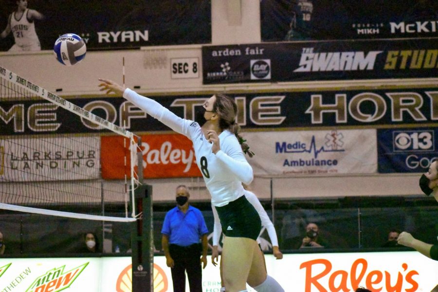 Outside hitter, Bridgette Smith, spiking the ball to Eastern Washington during the second set and getting a kill during the first of 2 games against Eastern Washington at the Nest at Sac State Saturday, March 5, 2021. The score for the second set was a winning score of 25-17.