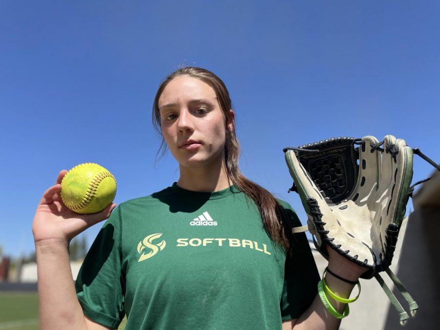  Sacramento State sophomore Marissa Bertuccio poses for a photo during her team practice at Shea Stadium at Sac State on Tuesday, March 30, 2021. Bertuccio leads the Hornets in strikeouts, wins and games pitched this season.