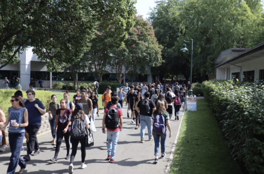 (File photo) Sacramento State students walking on campus by Mendocino Hall in September 2019. Students can now view proposed fall 2021 class schedules and course modalities on their Student Center, according to Provost Steve Perez.