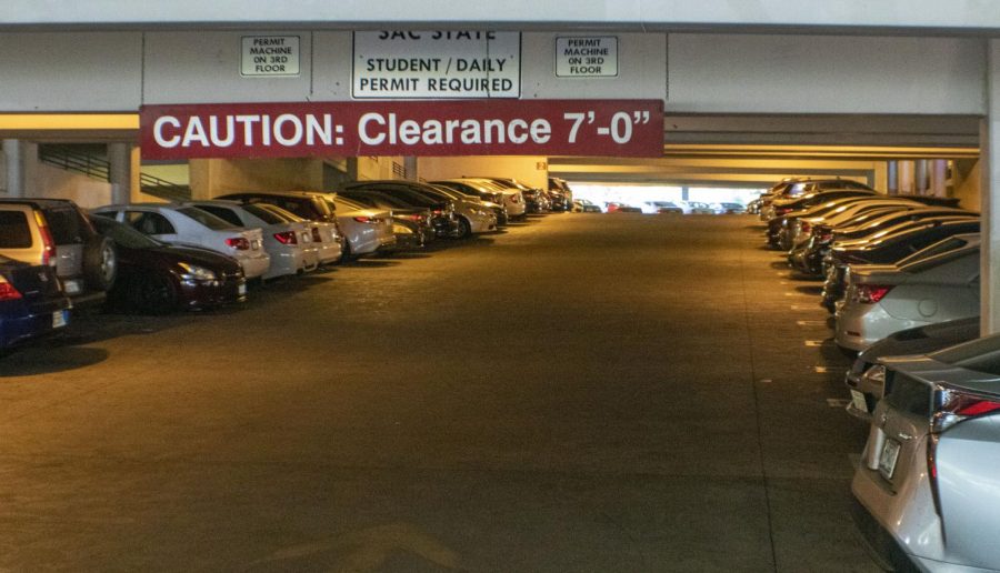 Cars parked in Sac State’s Parking Structure II. Due to COVID-19, university transportation and parking services will not increase parking permit prices and provide an option to purchase virtual parking permits.