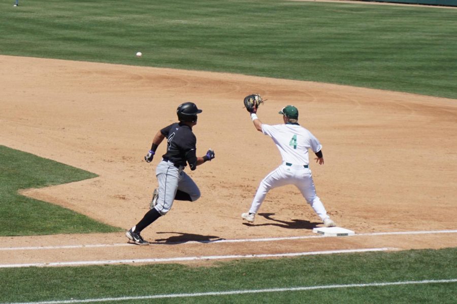 Senior Ryan Walstad receives a ball at first base in the Hornets’ home game against Grand Canyon University on Sunday, May 2, 2021. In five at bats, Walstad claimed all three of Sac State’s RBIs during the game. 
