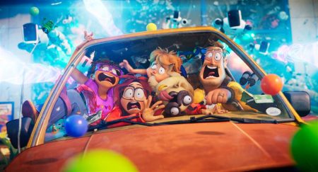 The titular Mitchell family from The Mitchells vs. The Machines. From left to right, Linda, voiced by Maya Rudolph, Katie, voiced by Abbi Jacobson, Aaron, voiced by Michael Rianda, Monchi, voiced by Doug the Pug, and Rick, voiced by Danny McBride. Photo courtesy of Netflix.