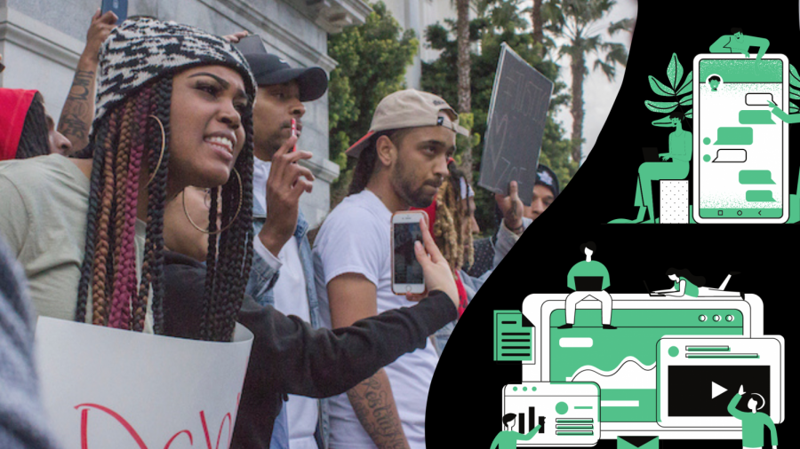 San Francisco State University student Toshiar Green addresses a crowd at a Black Lives Matter rally at the California State Capitol steps in Sacramento, California on Friday, March 23, 2018. Sac State students reveal how police brutality and the massive media coverage reporting it has impacted and affected their mental health. Photo in background taken by Emily Rabasto. Graphic created in Canva.