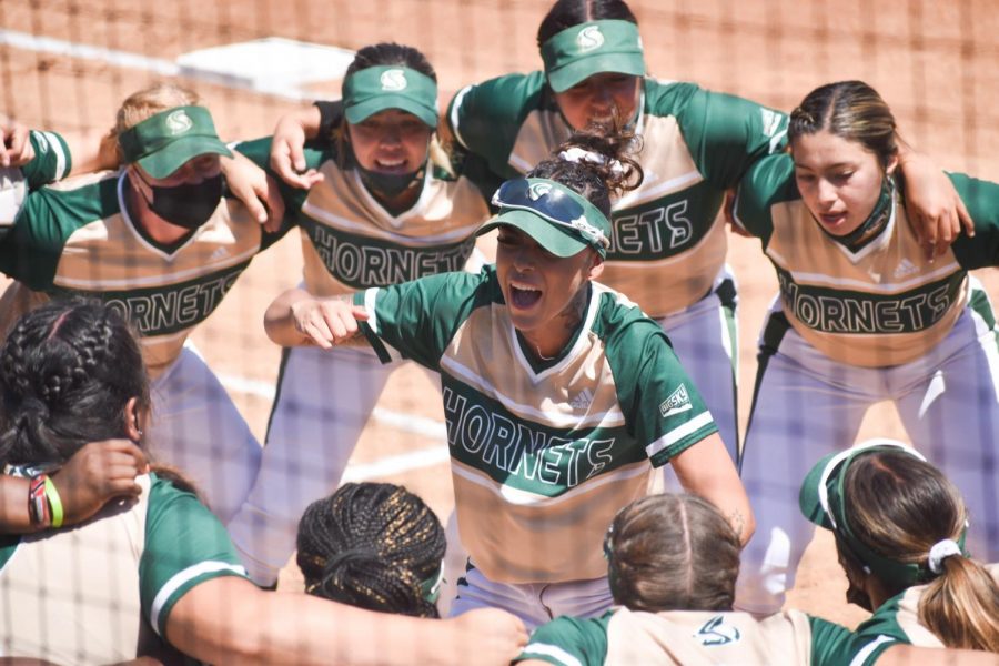 Charizma Guzman pumps up her team before the start of the last of three games against Idaho State at Shea Stadium at Sacramento State on Saturday May 1, 2021. The Hornets dropped 2-of-3 from the Bengals over the weekend.
