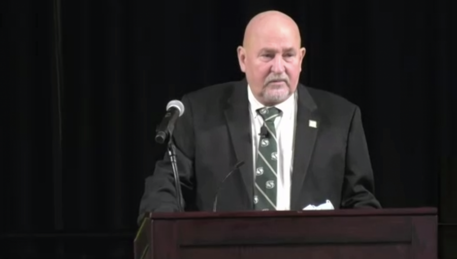 Sacramento State President Robert Nelsen speaks about COVID-19 safety protocols on campus and the new anti-racism campus plan in his fall address on Aug. 25, 2021. As of last week, 48% of students and 40% faculty have certified their vaccination status, according to Nelsen. Photo taken via Zoom by Camryn Dadey.