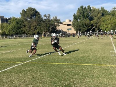 Sophomore safety Davion Ross (24) closes in on a tackle against Cameron Broussard during practice on Sept. 23, 2021. The Hornets prepare for their first Big Sky match of the season against Idaho State. 