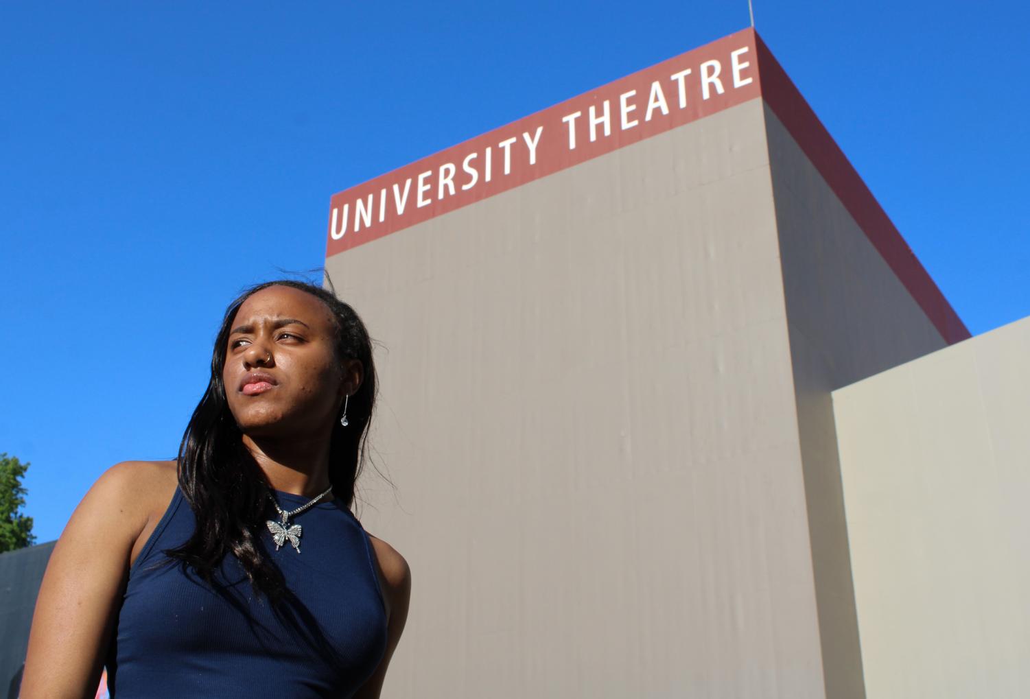 Aladria Brown stands outside of the university theater on Saturday, May 8, 2021. As ASI’s next director of arts and letters, she plans to collaborate with all departments and bring new ideas to Sac State. 