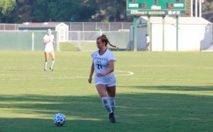 Sacramento State freshman forward Sedona Robinsons dribbles upfield at the Hornet Soccer Field in the second half of the match on Sunday, Sept. 4, 2021. The Hornets beat the Nevada Wolfpack in a 3-0 win after making second half adjustments.
