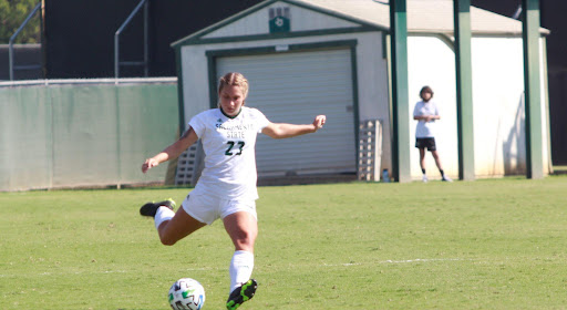 Senior midfielder Shay Valenzano attempting a first-half free kick Sunday, Sept. 4, 2021 at Hornet Soccer Field. Sac State was blown out 4-0 against the Pacific Tigers.