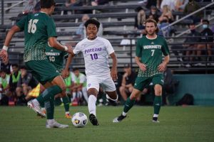 Senior forward Matthew Korpontinos (right) surveys the play as freshman defender Alejandro Padilla (left) defends the play against University of Portland on Monday, Sept.13, 2021. The Hornets picked up their second win of the season Thursday night with a 2-0 victory over University of the Pacific. 
