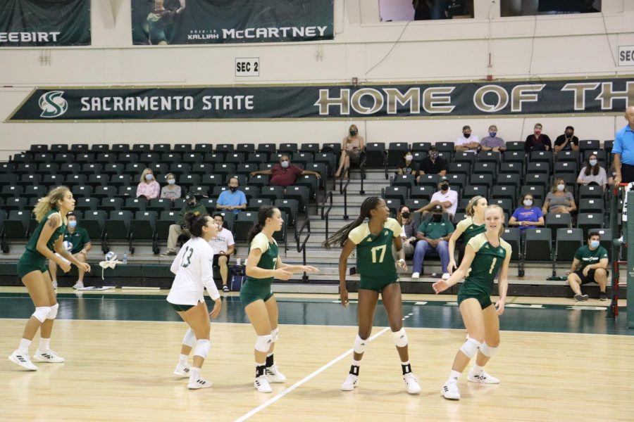The Sacramento State women’s volleyball team plays against CSU Northridge in the Sacramento State invitational tournament on Sept. 10, 2021. The team won their first Big Sky Conference game of the season on the road against Eastern Washington.