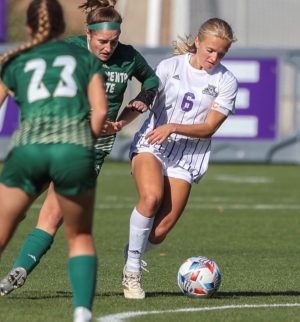 Sophomore forward Jordan Goularte battling for possession against a Weber State midfielder on Friday, Oct. 15, 2021 at Stewart Stadium. The Hornets were blown out 3-0 against Weber State and remain winless on the road this season
