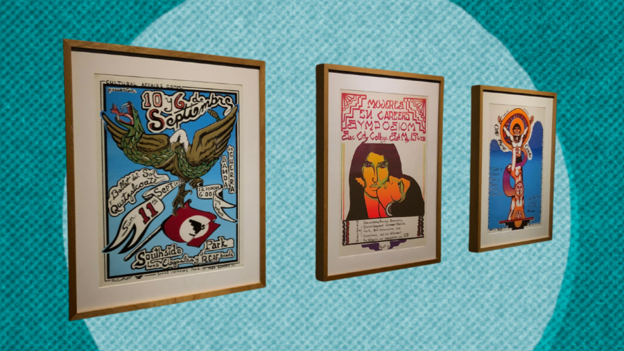 Posters from the Royal Chicano Air Force art collective hang in the Collections & Collaborations exhibit on Sept. 30, 2021. Art history and printmaking students referenced the posters from the university’s archives to create works based on their own ephemera. Photo of the posters taken by Marin Perego. Graphic created in Canva.