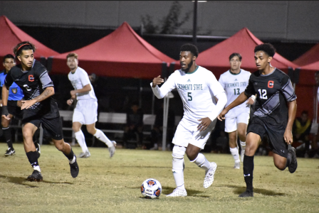 Jhared Willcot moves the ball upfield against CSU Northridge in a 2-2 tie for the Hornets at Matador Soccer Game Field on Oct. 6, 2021. Willcot had one shot on goal in Wednesdays tie. 