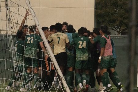 Sacramento State’s men’s soccer team celebrates the final goal of the game scored by sophomore forward Christo Cervantes at Hornet Field on Saturday, Oct. 2, 2021. Sac State secured a 3-2 victory against UC Irvine for the first home win of the season during the Sac State men’s soccer program’s 50th anniversary celebration.