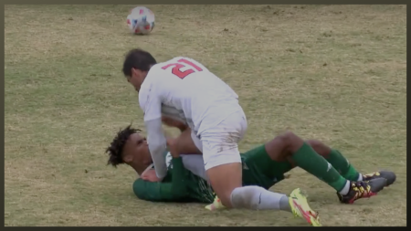  CSU Fullerton’s junior defender Edward Salazar shoves Sacramento State sophomore forward Titus Washington at Hornet Field on Sunday October 23, 2021. The play resulted in a red card for Salazar as the Hornets moved on to win 3-1. (Screenshot taken via ESPN)
