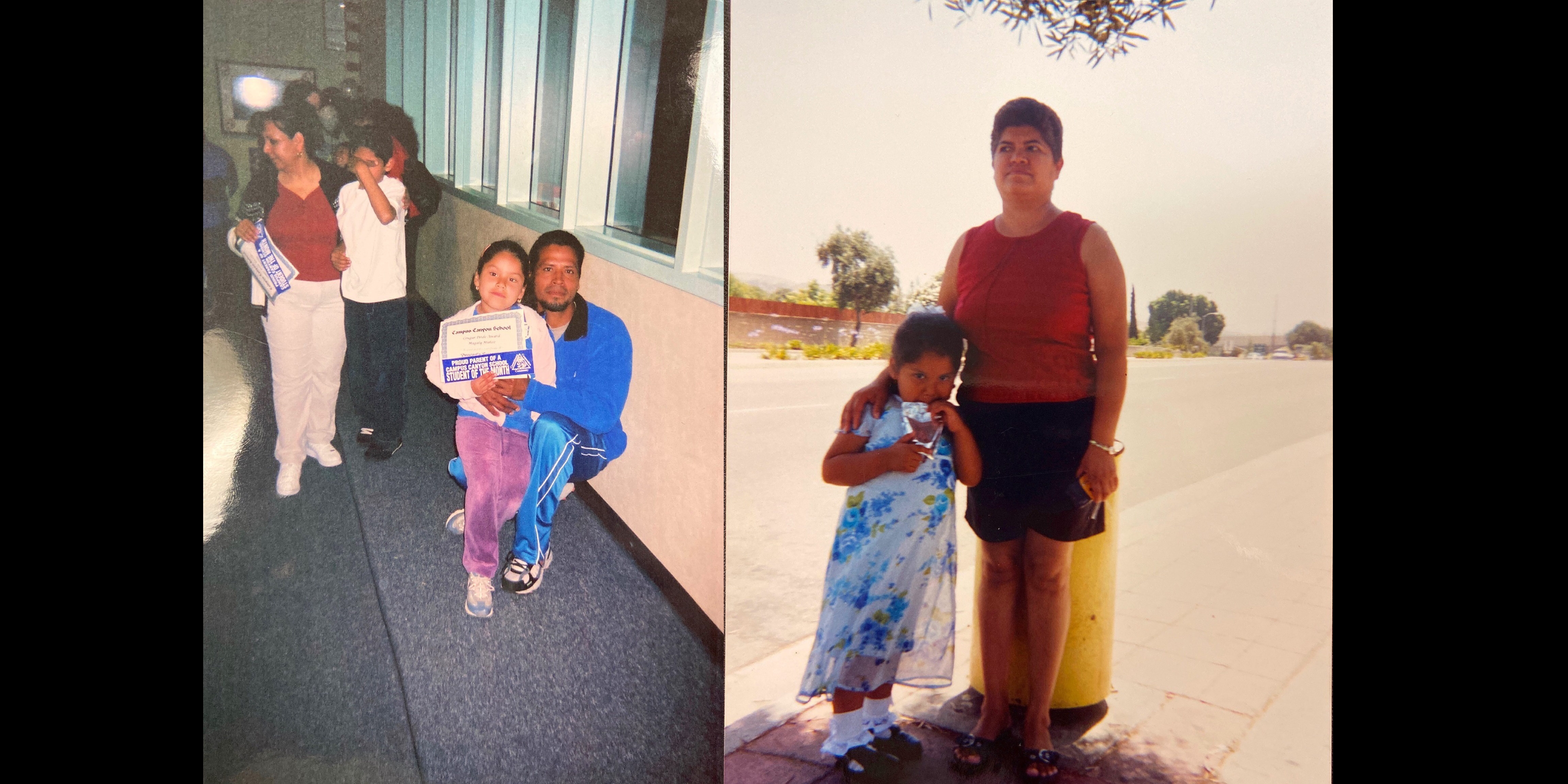 Right photo: Managing editor Magaly Muñoz and her mom after her pre-K graduation. Left photo: Muñoz and her dad at an award ceremony from her elementary school. In her latest testimony, Magaly talks about her experience with being embarrassed by her Hispanic heritage at a young age.