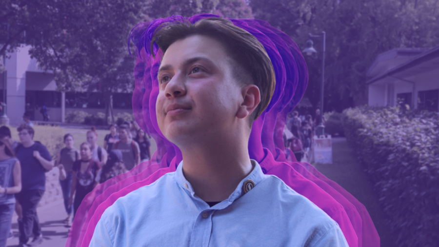 Ezra Cabrera joined Associated Students Inc. as director of graduate studies and is the first openly transgender ASI board member in eight years. Photo of Ezra Cabrera taken by Ayaana Williams. Photo in the background taken by Max Connor. Graphic created in Canva by Mercy Sosa.